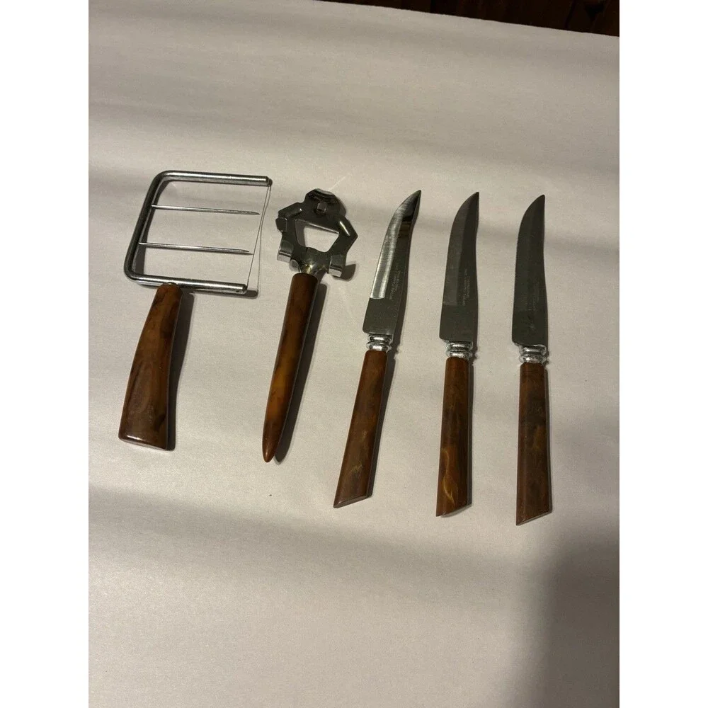 5-Piece Metal Flatware Set w/ Serving Pieces, Brown Handles, 3 Knives